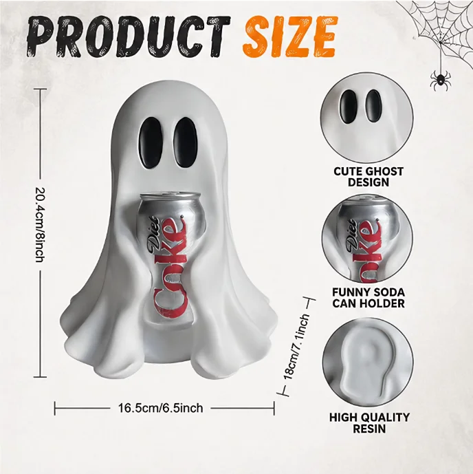 Halloween Ghost Holding Soda Can Resin Statue Funny Drink Holder Figurine Spooky Desk Shelf Home Party Decor Gift