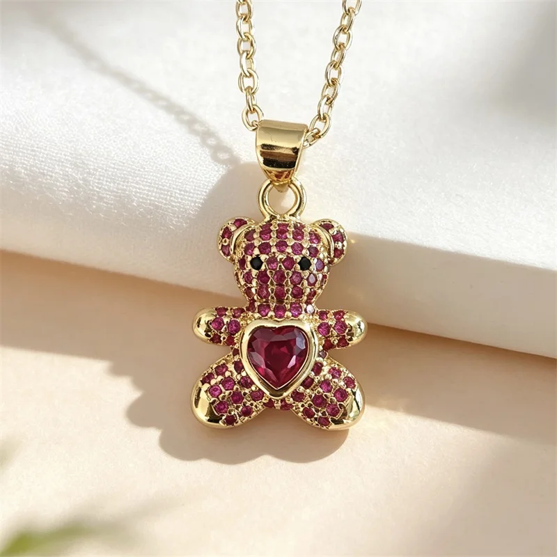 GANPUP Stilvolle Niedliche Bären-Herz-Halskette mit Glänzendem Zirkonia-Anhänger für Damen, Modische Schlüsselbeinkette, Choker-Schmuck, Geschenk – Detail 5