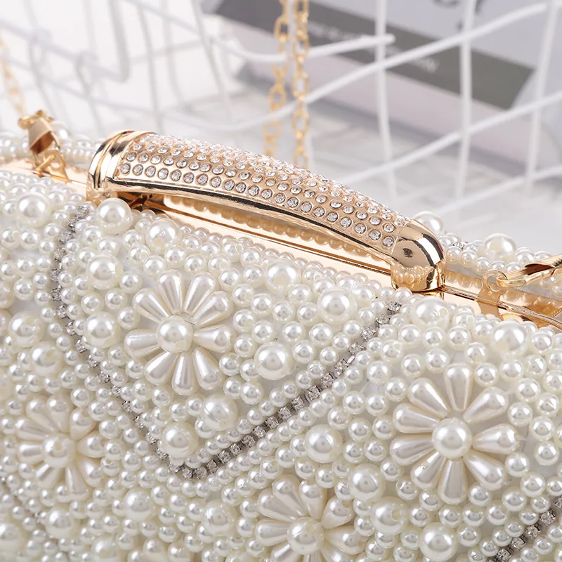 Fashion handmade party white beaded purse pearl clutch bag Handmade pearl diamond luxury sequins party ladies evening bag