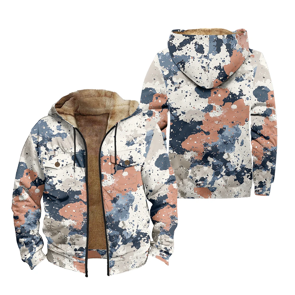 Forest Wilderness Tactical Camo Men Winter Hooded Parka Coats Jackets Print Zip-Front Pocket Hunting Farmer Streetwear Outerwear