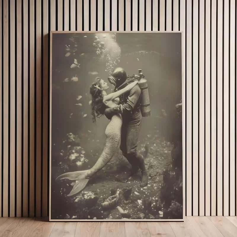 2D Flat, 2D Flat, Frameless Vintage Scuba Diving Mermaid Fantasy Fashion Art Painting Canvas – Reusable Wall Decor for Living Ro