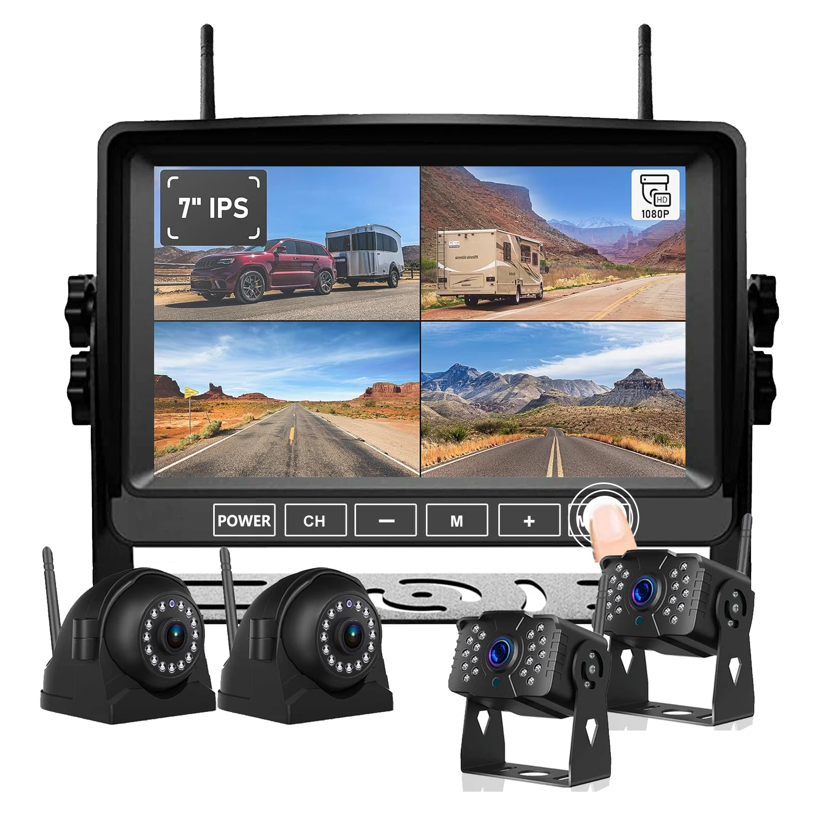 FHD 1080P 4 Digital RV Wireless Side Backup Cameras System For RV Trailer Truck 4CH 7'' Monitor Monitoring System Strong Signal