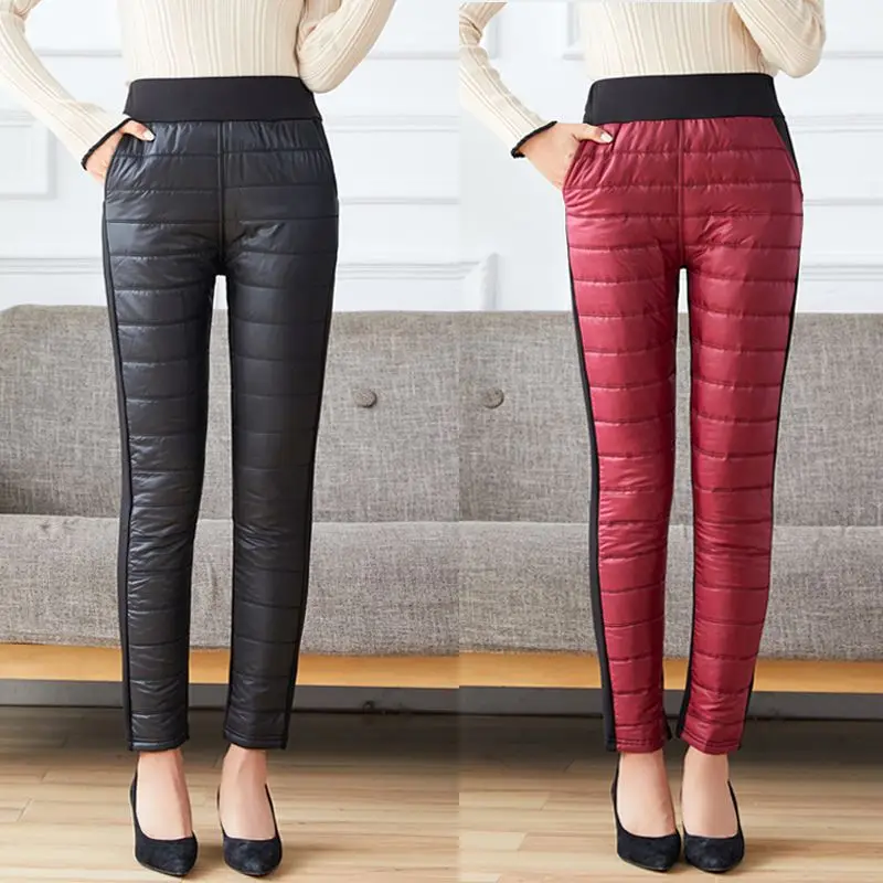 سراويل مبطنة مع جيوب عالية الخصر سراويل نسائية مستقيمة الساق بلون مرقع سميكة لفصل الشتاء TT298 #1