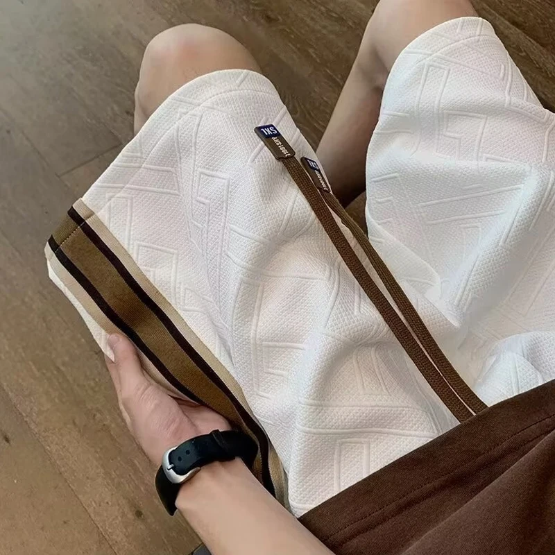 

Летние американские винтажные жаккардовые шорты для мужчин, повседневные дышащие мешковатые бермуды в полоску по бокам, прямые короткие брюки Y2K Street