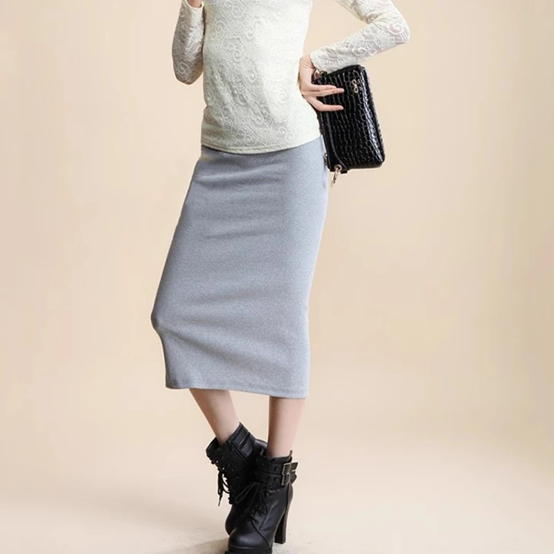 Rok Pensil Wanita Musim Dingin Pinggang Tinggi Bahan Stretch Belahan Depan Model A-Line Kasual Gaya Korea Elegan Warna Hitam