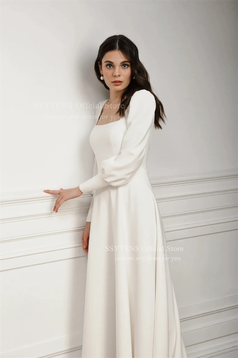 SSYTENS élégant col carré une ligne robes de mariée manches longues longue robe de mariée femme dos ouvert plis robe de mariée personnalisée