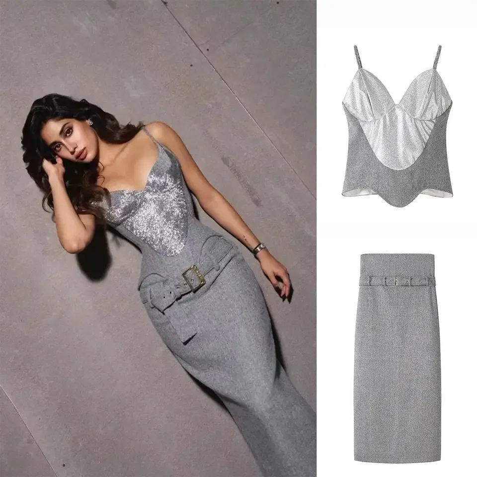 

Sexy Sequin Halterneck Top and Half-Length Skirt with Belt Set Women's Summer Commute Elegant Trendy Style Casual Outfit