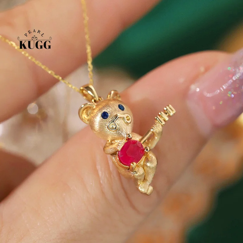 KUGG 100% 18K Yellow Gold Necklace Fashion Music Bear Design Real Natural Ruby Pendant Necklace for Women High Birthday Gift