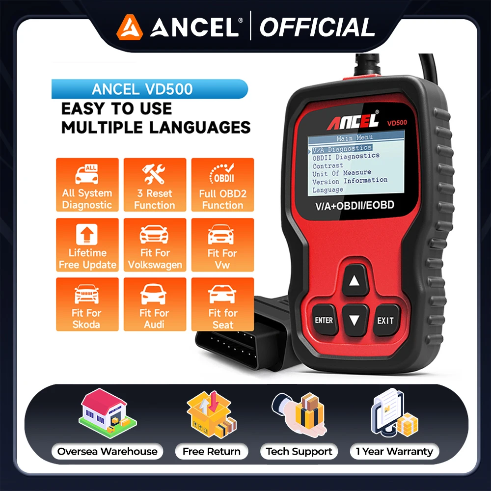 

Ancel VD500 OBD2 Scanner Diagnostic Tool for VW Audi Skoda All System Code Reader EPB ABS SRS Oil Brake Reset Diagnostic Tool