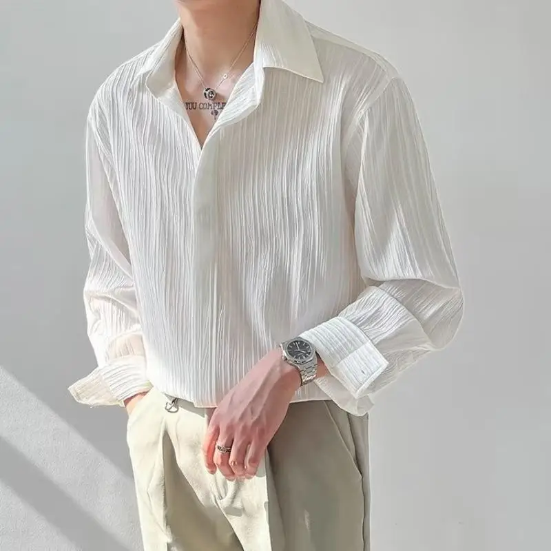 Black Apricot White Long-sleeved Shirt Men Fashion Social Mens Dress Shirt Korean Loose Casual Pleated Shirts Mens Formal Shirt