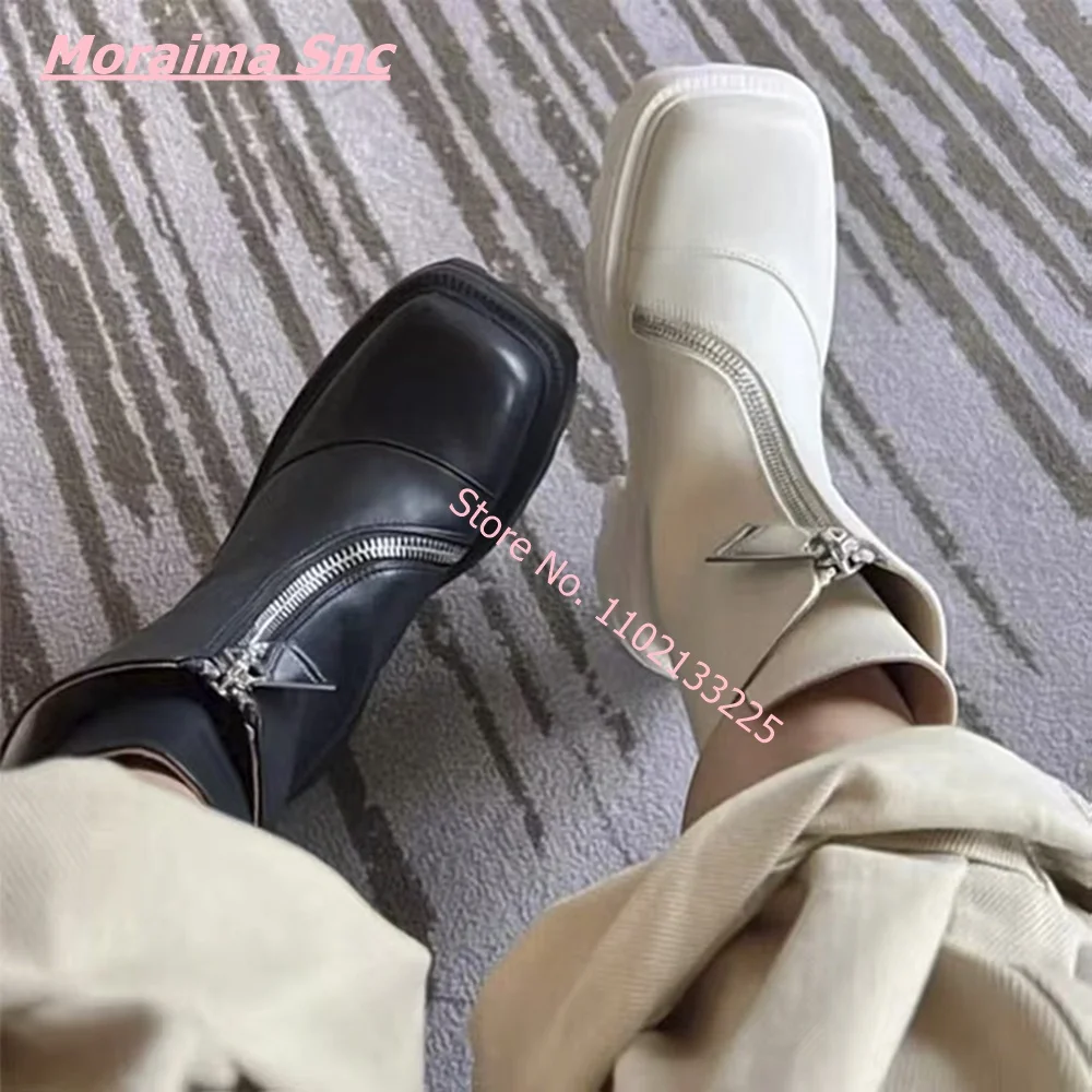 

Winter New Women Chelsea Boots Square Toe Platform Metal Zipper Leather Punk Comfort Block High Heel Fashion Ankle Boots Shoes