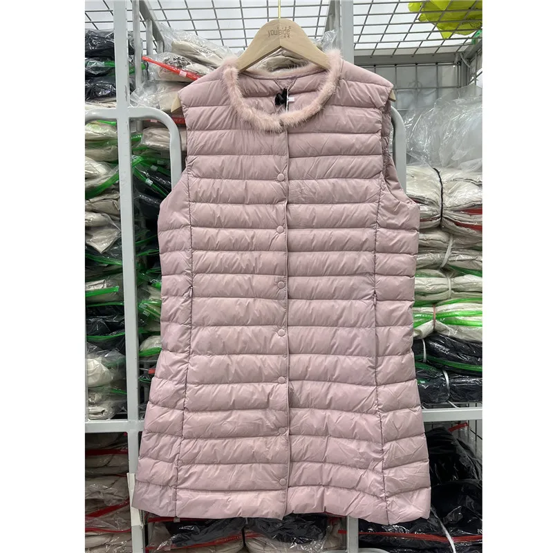 Autumn Winter Ultra Light White Duck Down Waistcoat Women Fur Patchwork Down Vest Coat Female Warm Sleeveless Long Tank Jacket