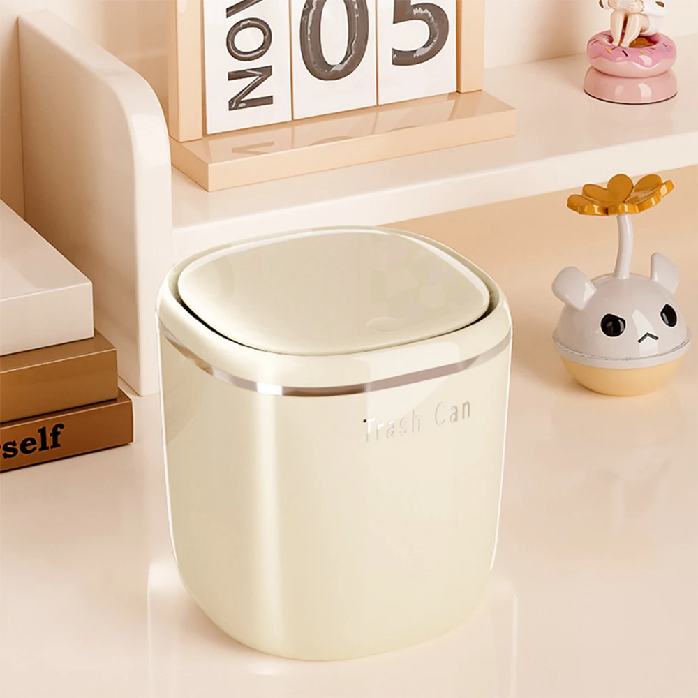 Light Luxury Mini Desk Trash Can with Lid Press-Top Tiny Countertop Waste Basket Small Table Top Plastic Covered Garbage Bin New