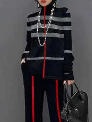 Freeacy Women's Striped Shirt Spring Fashion Tops High Neck Long Sleeves Pullovers Polyester Thin Loose Fit T-shirt for Laides
