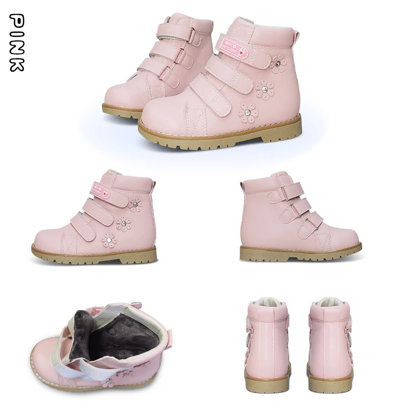 Children Pink Shoes Orthopedic Boots For Kids Winter Luxury Ankle Booties With Rhinestone Flower Leather Orthotics Footwear