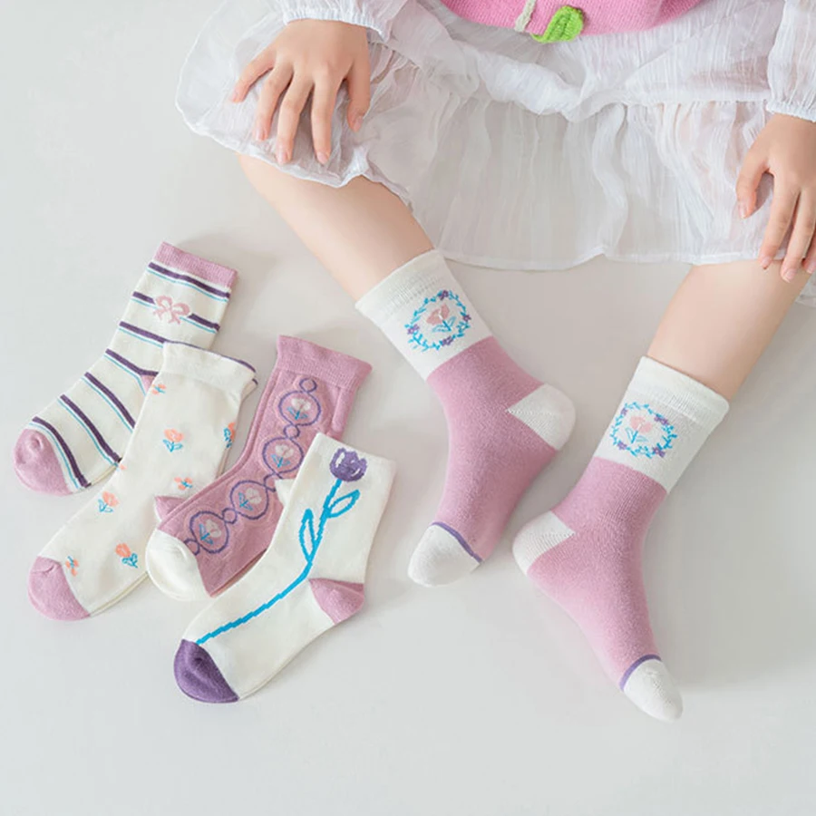 5 paia/lotto autunno inverno nuovi calzini per bambini coreano ins Style Purple Flower calzini per bambini All-match Casual ragazzi e ragazze calzini