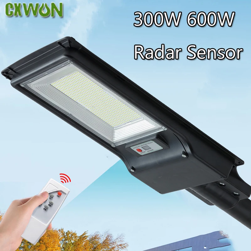 

966LED Solar Street Lights Outdoor Lighting Sun Radar Sensor Road Lamp Remote Garden Patio 600W Security Flood Light