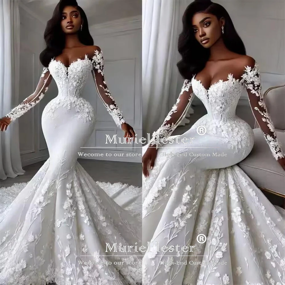 Elegant V Neck Mermaid Wedding Dresses Customized Long Sleeves Appliques Fishtail Bridal Gowns Sweetheart Bride Clothing