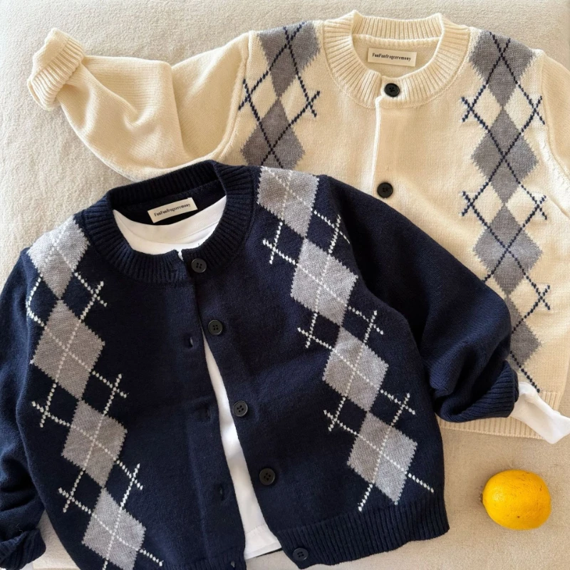 2026 Autumn/Winter Hot selling Children's College Style Design Western Style Diamond Grid Sweater