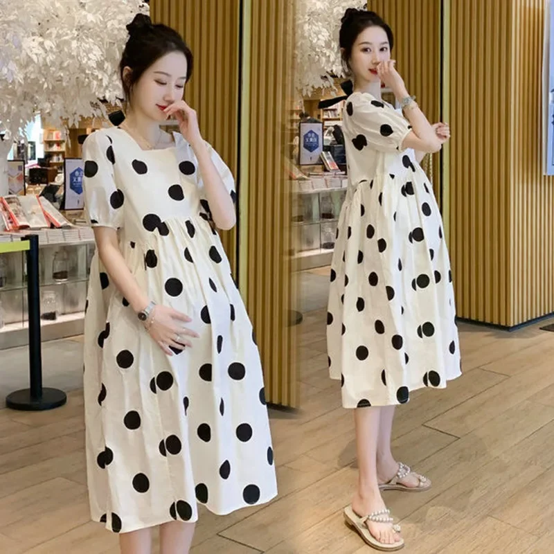 Maternity Fashion Summer Dress Outdoors High-end Fresh Dotty Skirt Loose-fit Medium-length Summer Dress