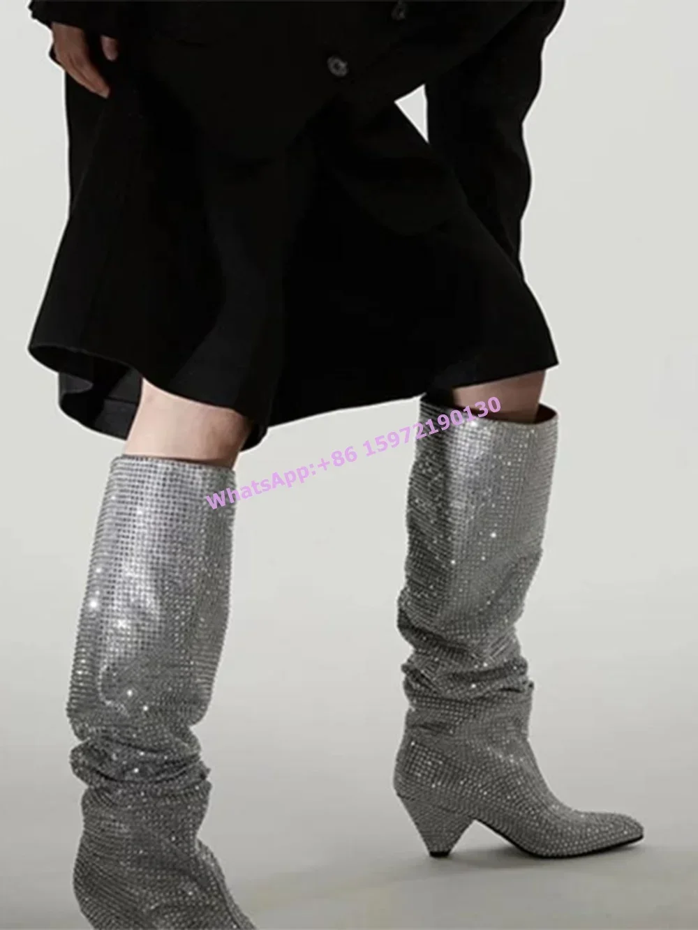 

Rhinestone Hoof Heels Boots Silvery Bling Pointy Toe Sexy Luxury knee high Boots Women's Bling crystal Sexy Winter Runway Shoes