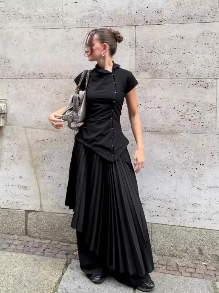 

Женская винтажная черная блузка с асимметричными пуговицами, модная однотонная укороченная блузка с отложным воротником и коротким рукавом, облегающая, 2026, для повседневного уличного стиля Y2K