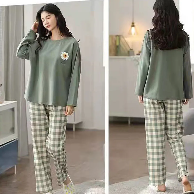 Long-Sleeved Pyjamas Female Set Head Plus Size Cartoon Cute Sweet Can Be Worn Outside the Plaid Home Wear Simple Loose Suit