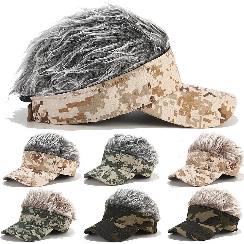 Men Women Casual Camouflage Visor Hat Sunshade Adjustable Sun Visor Baseball Cap with Spiked Hairs Wigs Casquatte Hip Hop Hats