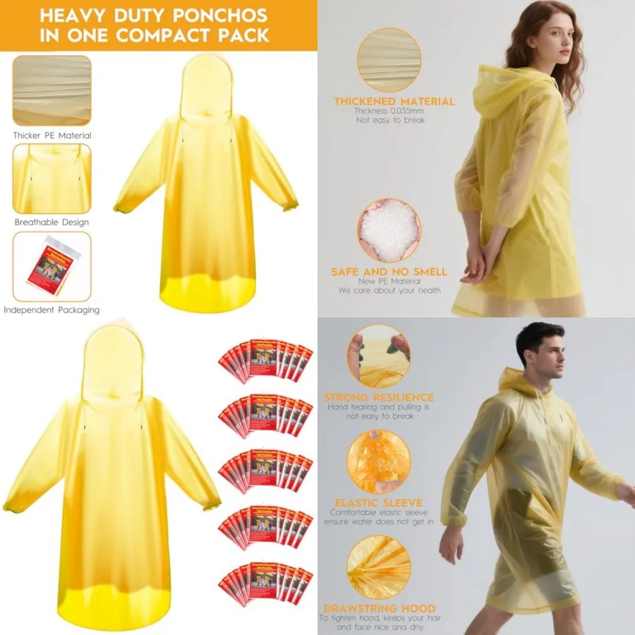 

and and Disposable Rain Ponchos for Adults/Youth, Waterproof PE Raincoats with Drawstring, Camping/Emergency