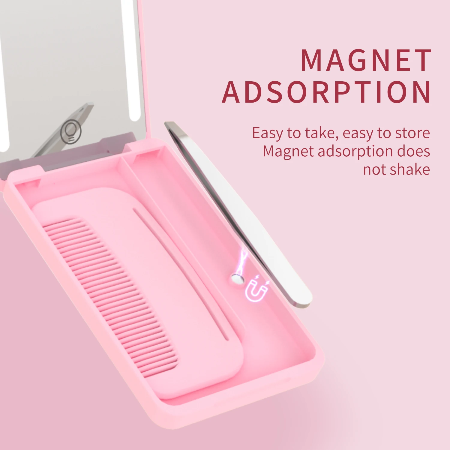 

Folding Makeup Mini Mirror with LED Light with Pocket for Comb and Eyebrow Clip Portable Travel Makeup Mirror with Type-C Cable