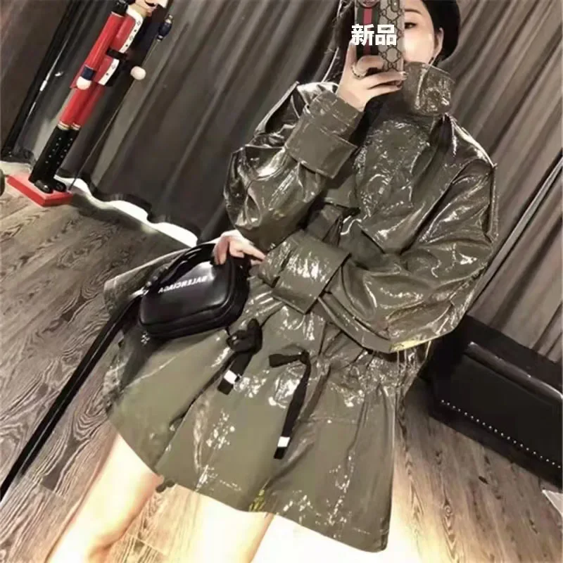 Patent leather sheepskin coat Women regular length new fashion collect waist loose clothes turn-down collar pocket decoration