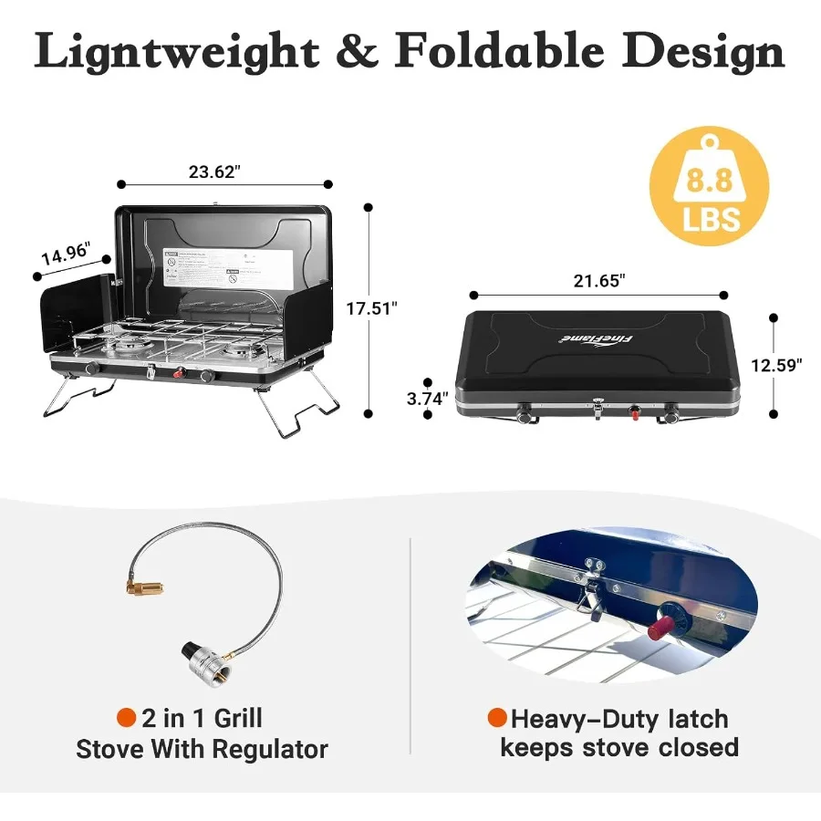 2 الشعلات المحمولة البروبان موقد للتخييم مع منظم متكامل الشاعل الفولاذ المقاوم للصدأ صينية تنقيط مقبض مدمج وقابلة للطي #2