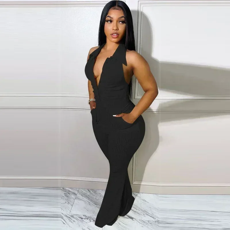 GUWU Turn Down Collar Halter Sexy Jumpsuit Pocket Knitted Ribbed Backless Skinny Bodycon Rompers Clubwear Overalls