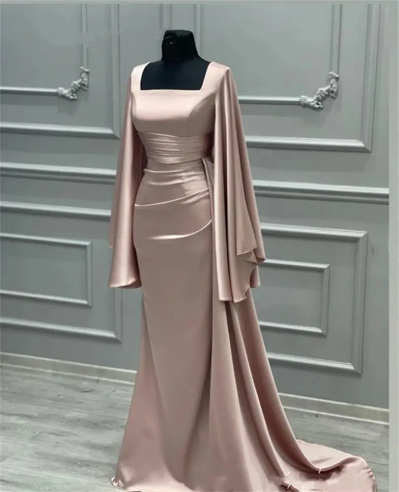 Muslimische Satin Meerjungfrau Abendkleid lange Ärmel Champagner quadratischen Kragen Hochzeit Anlass Kleider Dubai Arab Porm Kleider für Frauen