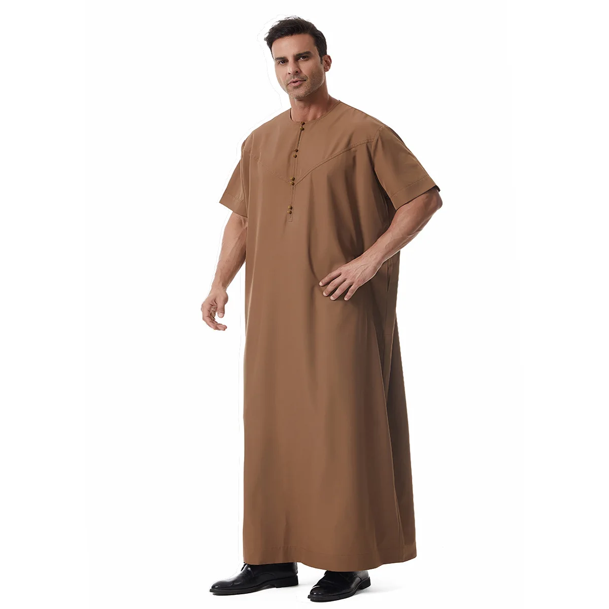Solido Musulmano Jubba Thobe Ramadan da uomo Abito lungo Caftano Abito a maniche corte Saudi Eid Abaya Dubai Arabo Caftano Daffah Dishdasha
