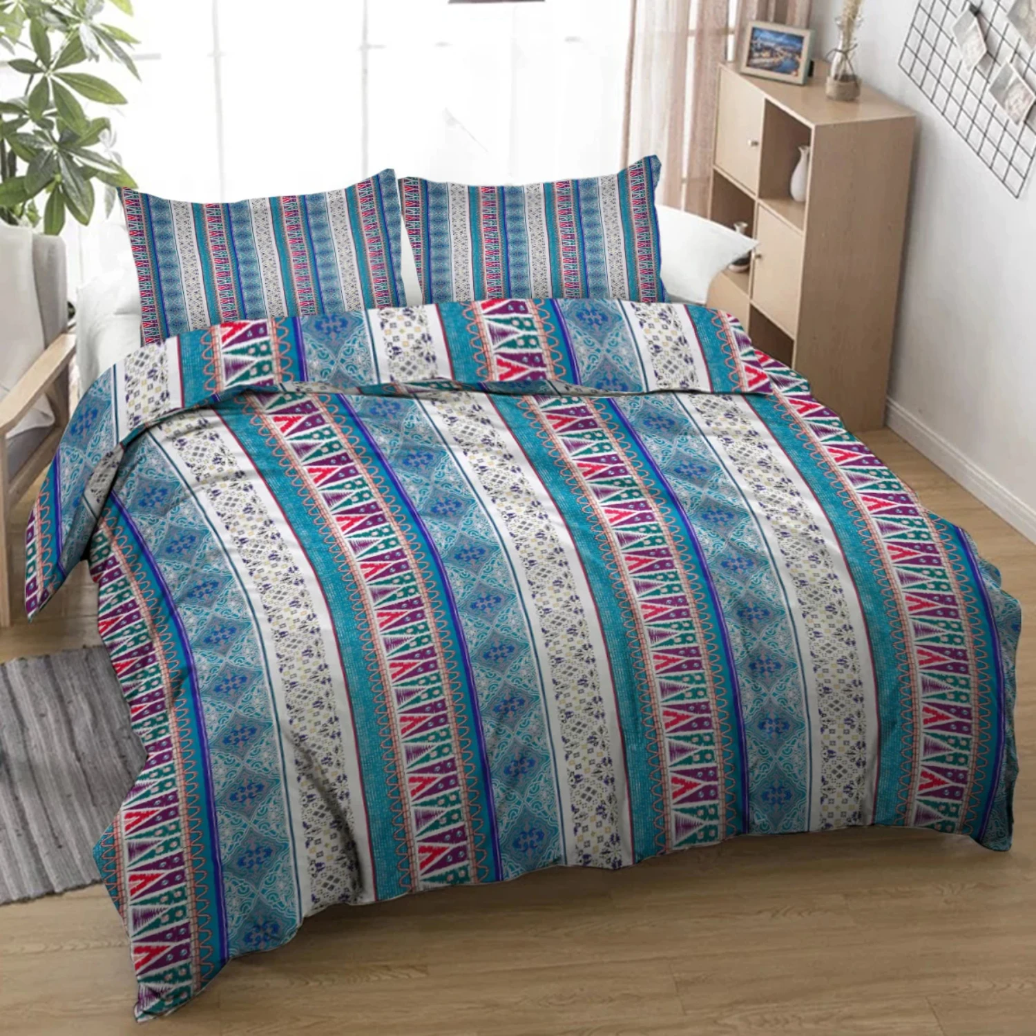 Stunning Stripe Printed Design Bedding Set with 3-Piece Decorative Duvet Cover and 2 Pillow Shams for Family BedresultCode