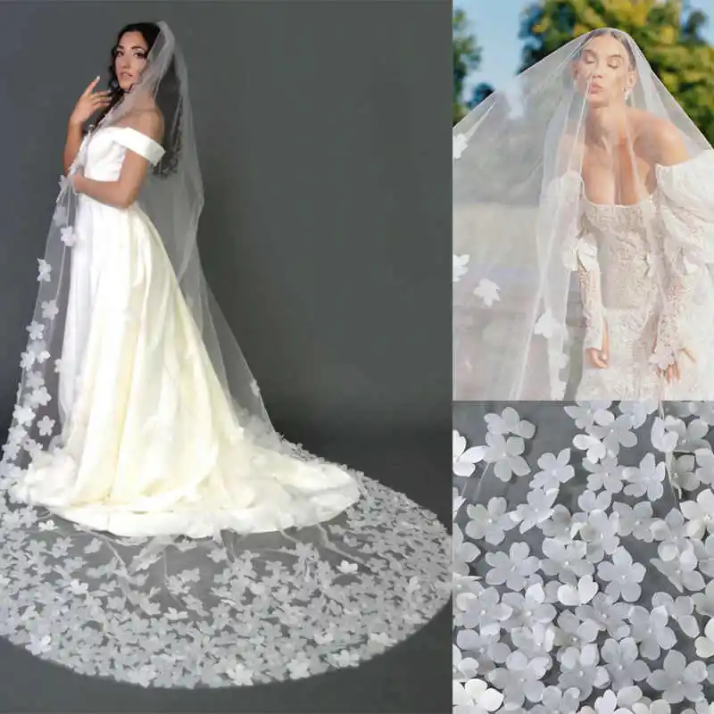 

Свадебная фата с иллюзией и цветами, кружевная однослойная фата для невесты с аппликацией по краям, свадебные аксессуары, вуаль на заказ de tête