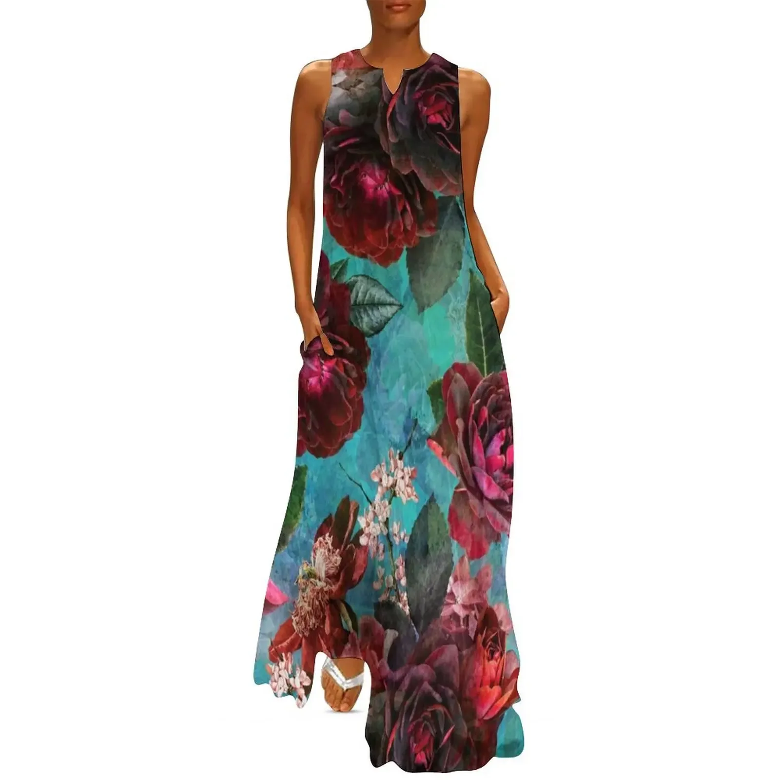 

Turquoise Vintage Summer Roses Botanical Garden Long Dress summer dress summer dress korean women woman