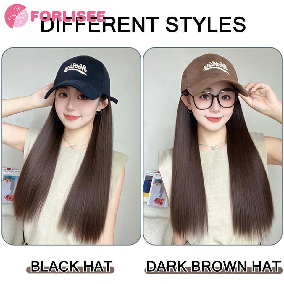 Forlisee 18 Polegada longa reta peruca sintética boné de beisebol extensões de cabelo chapéu perucas legal marrom ajustável peruca para mulher