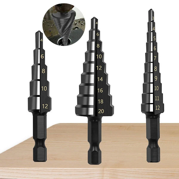 3Pcs HSS Straight Groove Step Drill Bits Set Nitrogen Coated Drilling Power Tools Wood Metal Hole Cutter Core Drilling Bit Tools