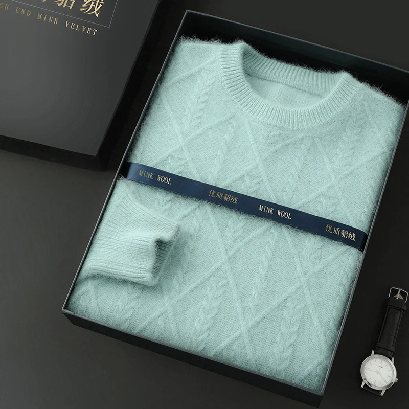 男性セーター 100% 純粋なミンクカシミヤ秋冬厚手ニットセーターカジュアルラウンドネックプルオーバー暖かいジャカード紳士服