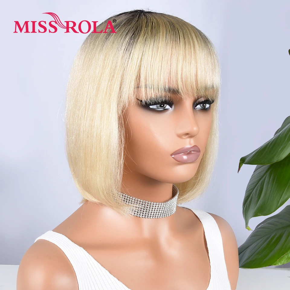 Miss Rola Blonde 613# Short Bob Human Hair Wigs Whole Machine Made Straight Bob Wig With Bangs 180% Density Brazilian Remy Ombre