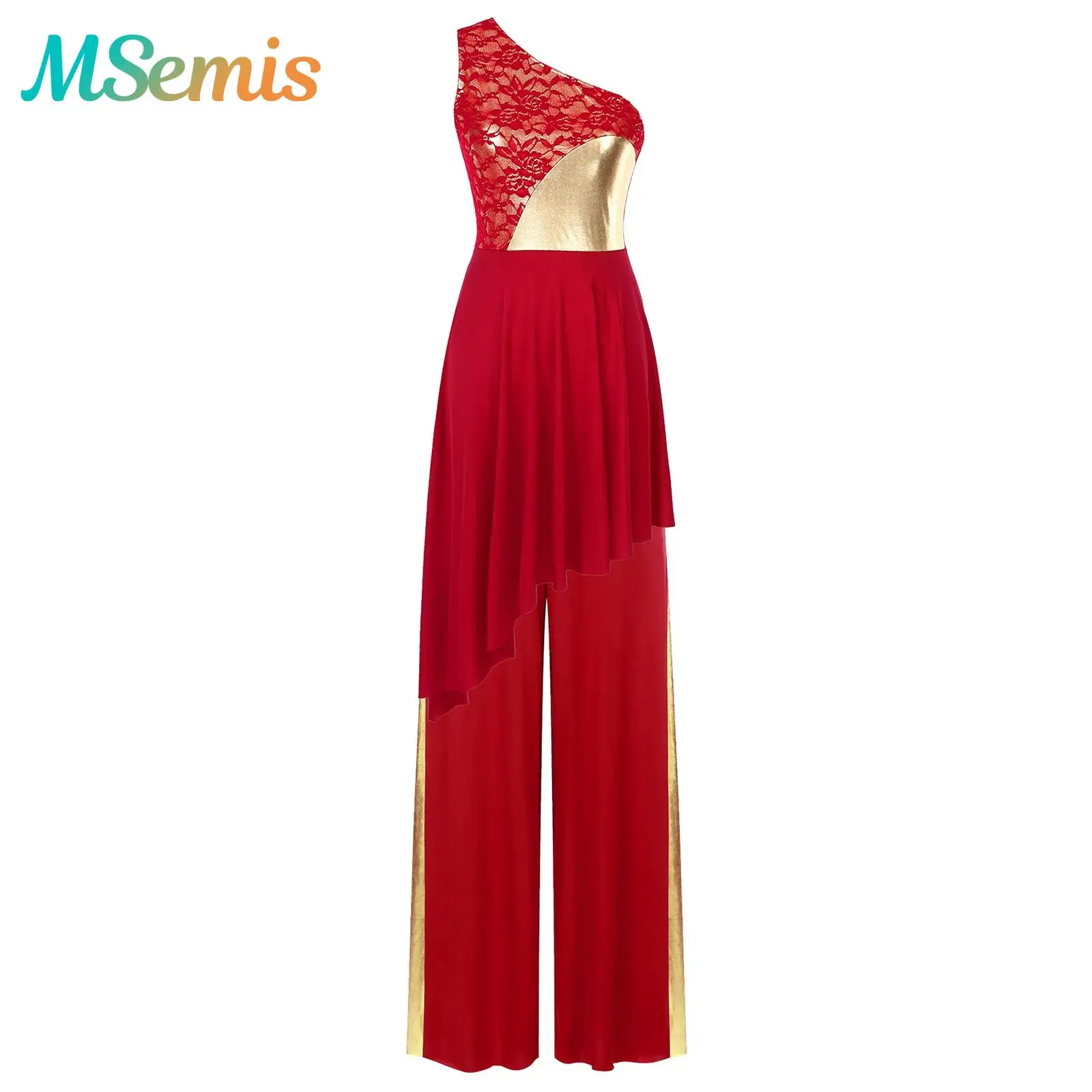 Traje de danza lírica de Ballet de alabanza litúrgica de adoración para mujer, vestido tipo túnica de coro cristiano de encaje con un hombro y pantalones de pierna ancha