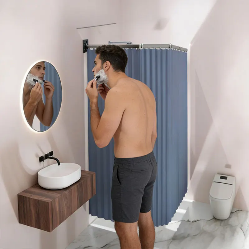 Wall Mount Folding Shower Curtain Rod 3/4/5 Fold Adjustable Shower Curtain Rod For Bathroom ,Clothing Store, Dressing Room view 2