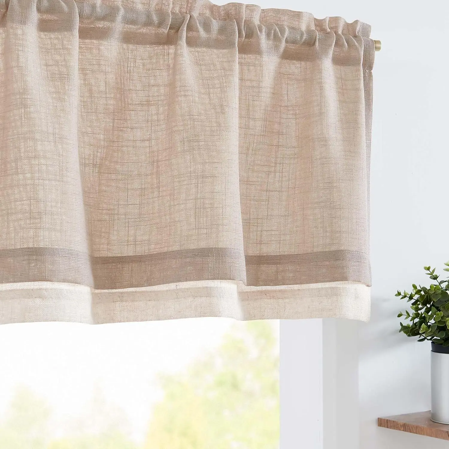 

Rustic Linen Window Valance, 16 Inch Slubbed Crossed Double Layer, Light Filtering for Living Room, Blush Beige