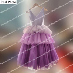 Long Shiny Purple Flower Girls' Dresses for Weddings Party Gala V-Neck Backless Floor-Length Kid's Princess Ball Gown 2023 New