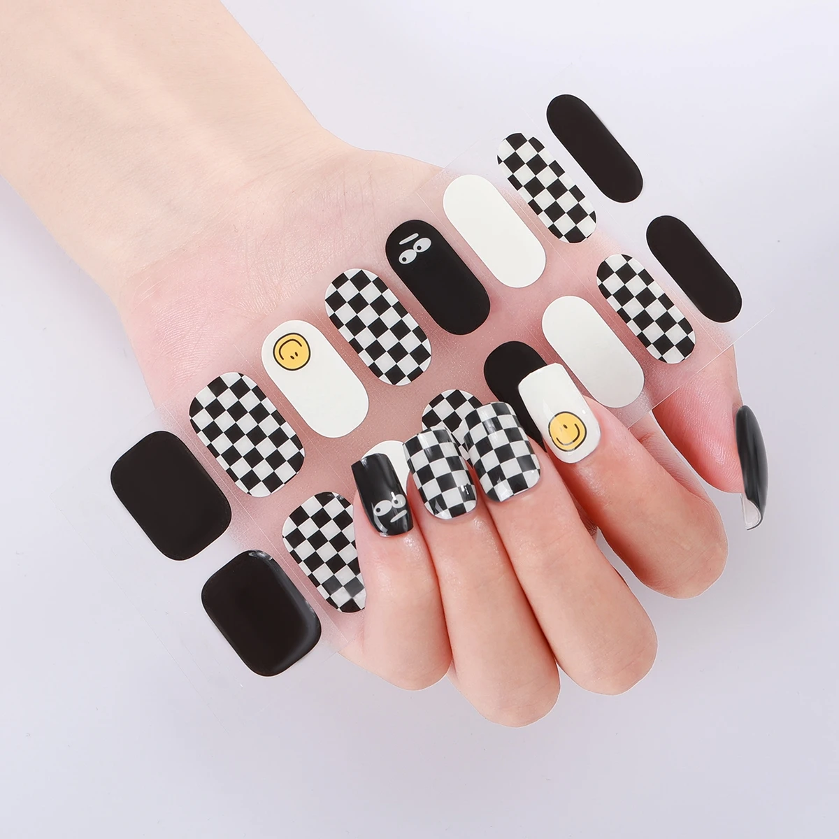 16Tips Semi Cured Gel Nail Strips Black White Plaid DIY Gel Nail Stickers Full Cover UV Nail Wraps for Women Nail Polish Sticker