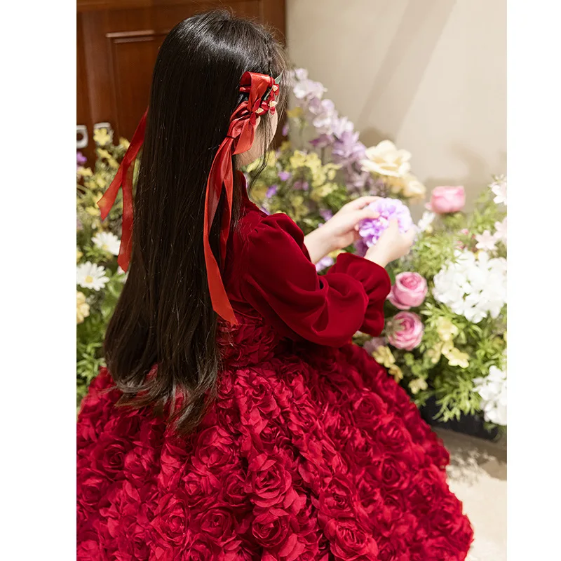 Girls Birthday Dress Princess Dress Red Long Sleeve Spring Children's Wedding Little Girl Piano Performance Costume Female