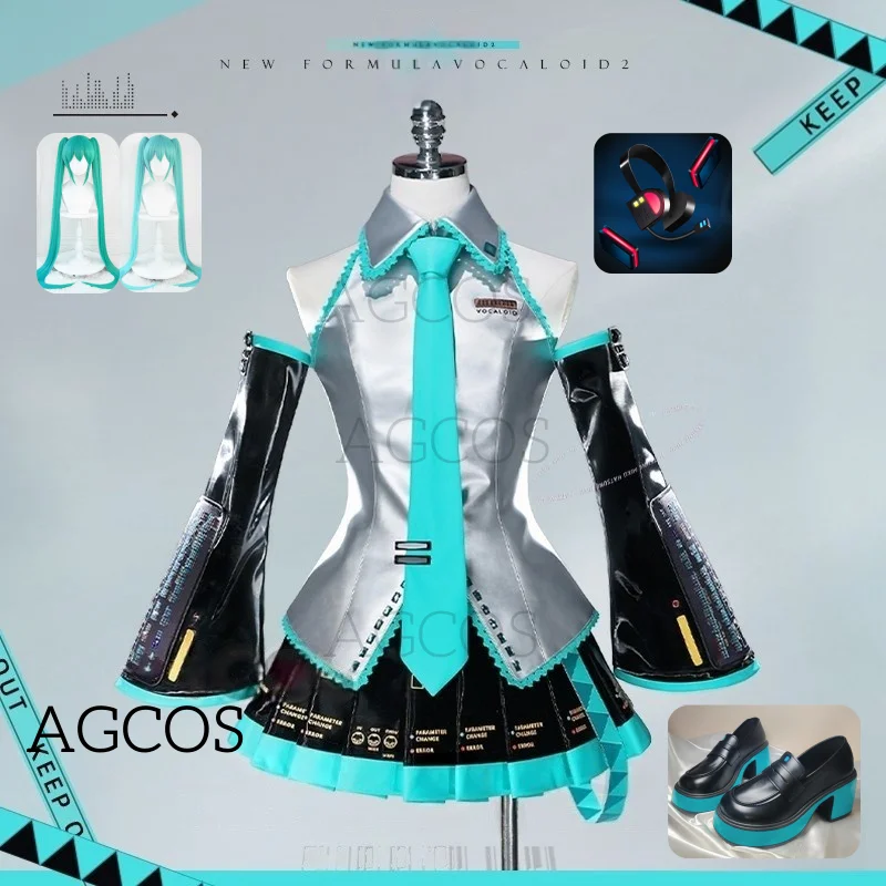 AGCOS New Version Mikku Formula Clothes Mikuu Cosplay Costume MIKUU JK Uniforms Top+Skirt Sets Wig Shoes Costumes Prop Cosplay