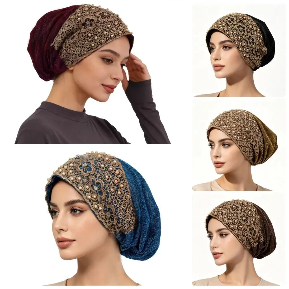 Elegant Embroidery Women's Lace Turban Cap Lace Trim Floral Pattern Muslim Headscarf Cap Islamic Turban Hat Women